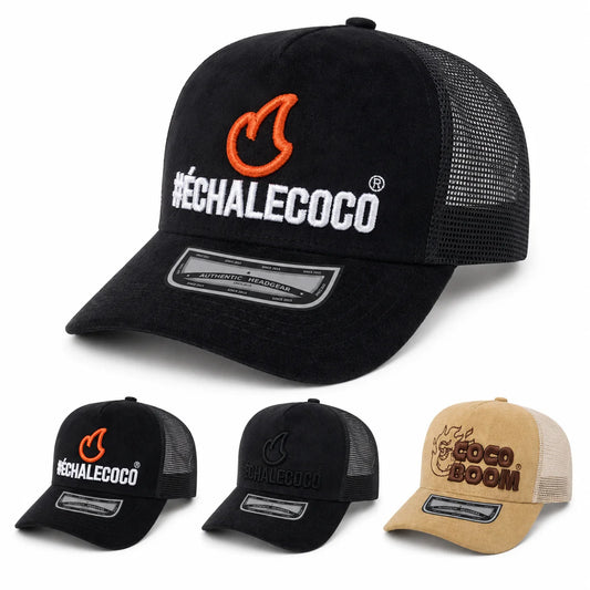 Gorra Coco Boom Bordada de Gamuza, Estilo Trucker con Malla, Diseño Parrillero #ÉchaleCoco, Ajustable, Unisex