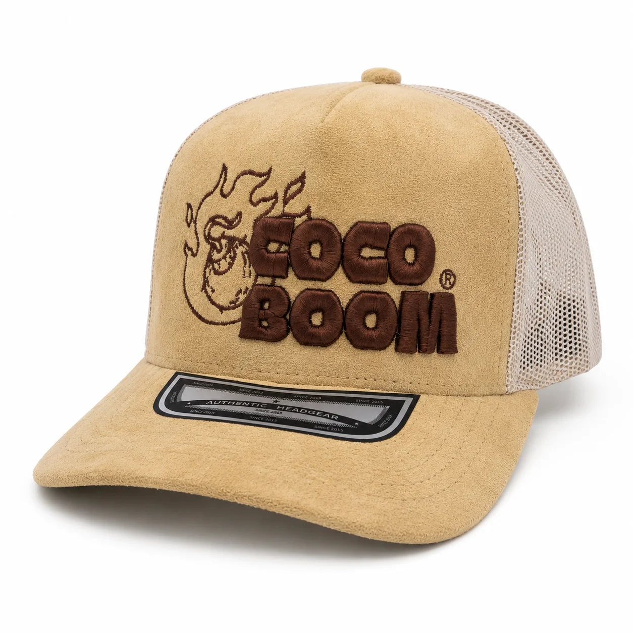Gorra Coco Boom Bordada de Gamuza, Estilo Trucker con Malla, Diseño Parrillero #ÉchaleCoco, Ajustable, Unisex