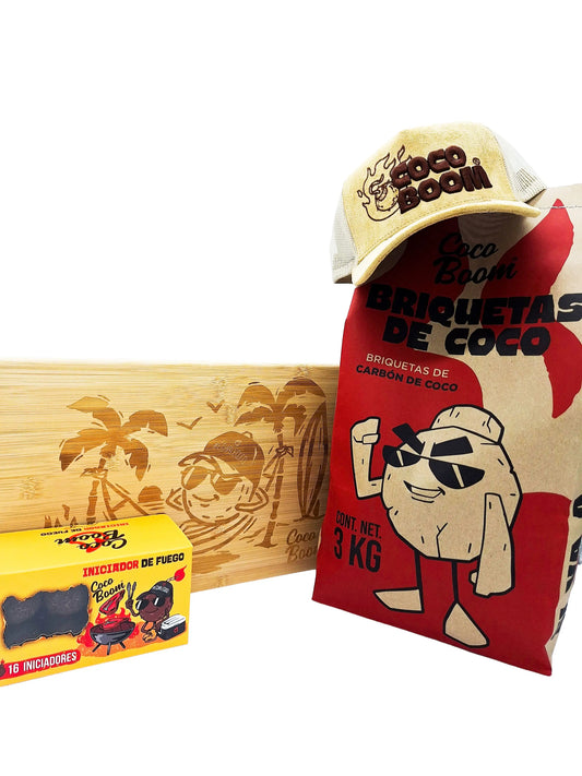 Coco Pack: Gorra Adulto + Tabla Parrillera + Briquetas de Coco + Iniciadores Coco Boom 16 piezas